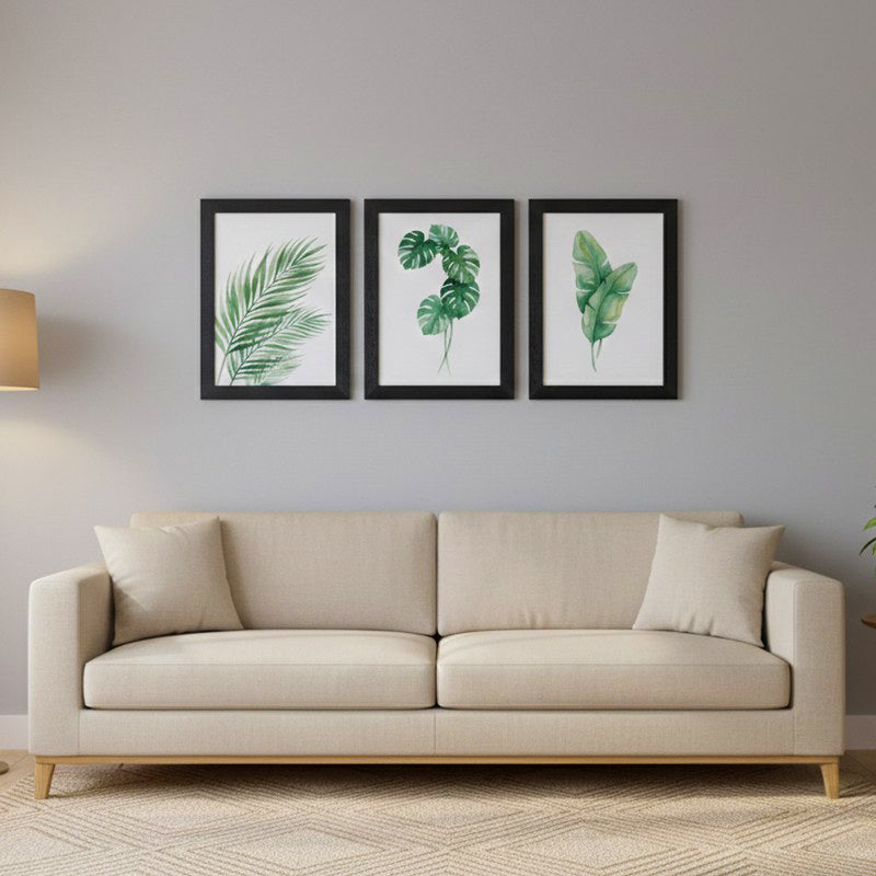 Minimalist Green Botanical Wall Painting With Black Frame - Set Of Three