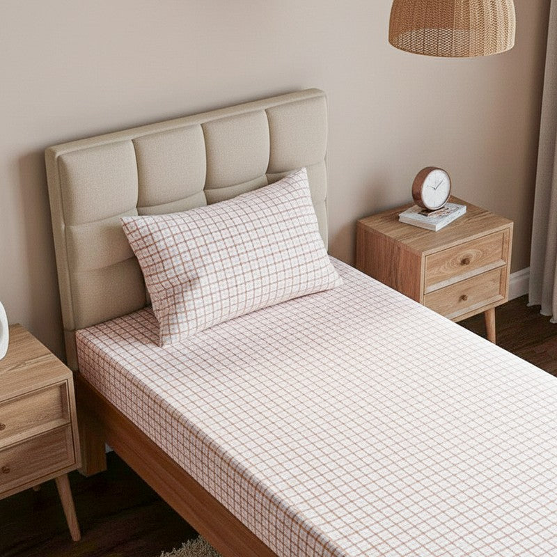 Mizomeen Checkered Printed Cotton Bedsheet (Peach) - 200 TC media 3
