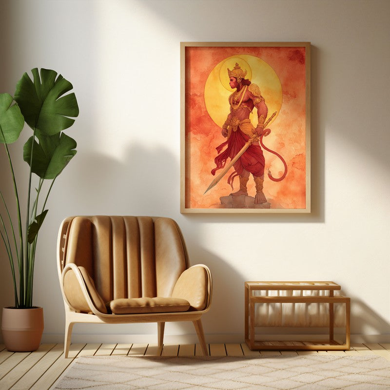 Divine Strength Sri Hanuman I Archival Paper Wall Art - Natural Brown Frame