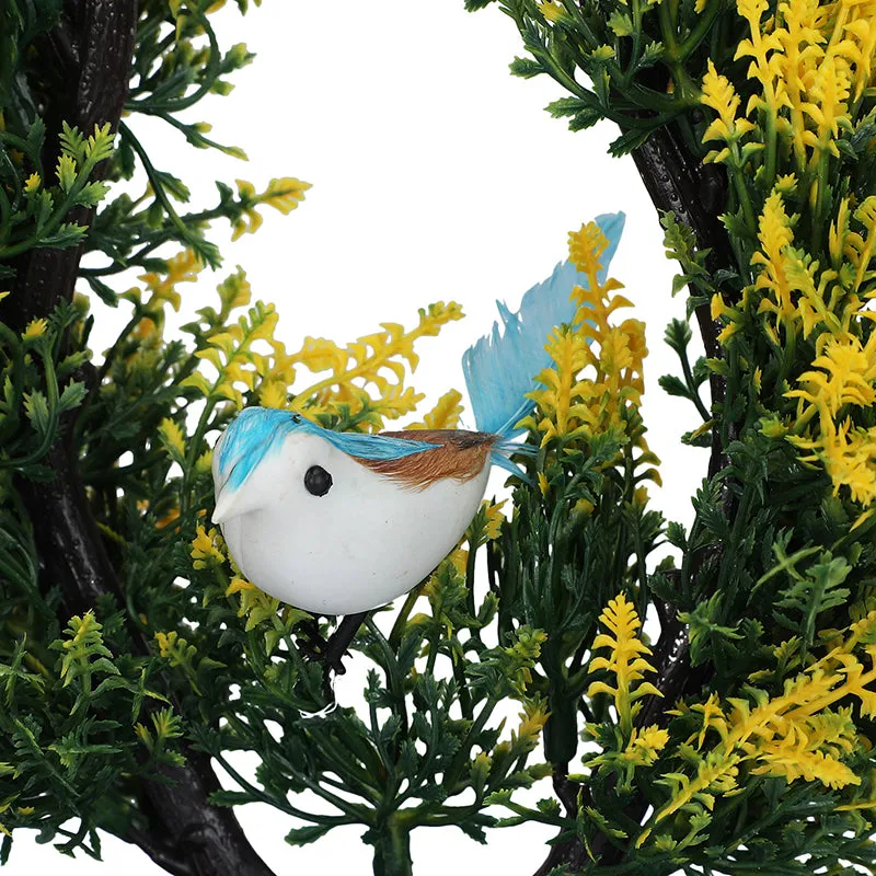 Close-up of the white bird nestled among the plant's green and yellow foliage