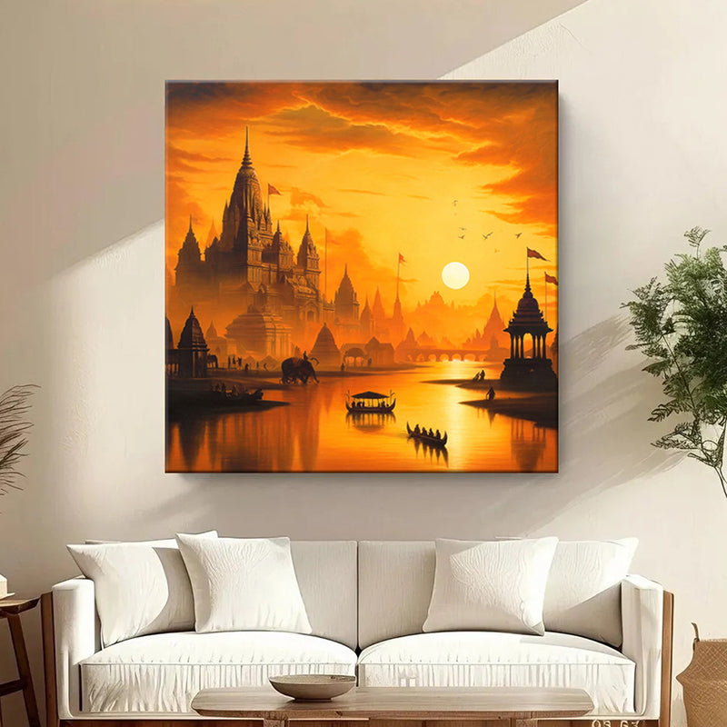 Golden City At Sunset Poly Canvas Wall Painting