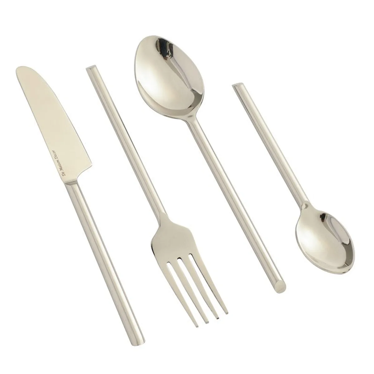 Close-up of a silver knife, fork, big spoon and small spoon