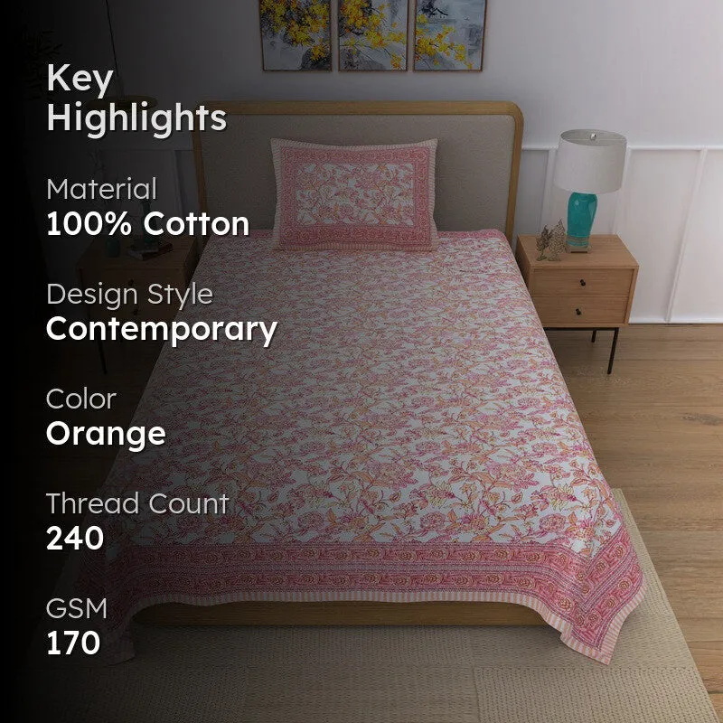 Silkena Floral Cotton Bedsheet (Orange & White) - 240 TC media 2