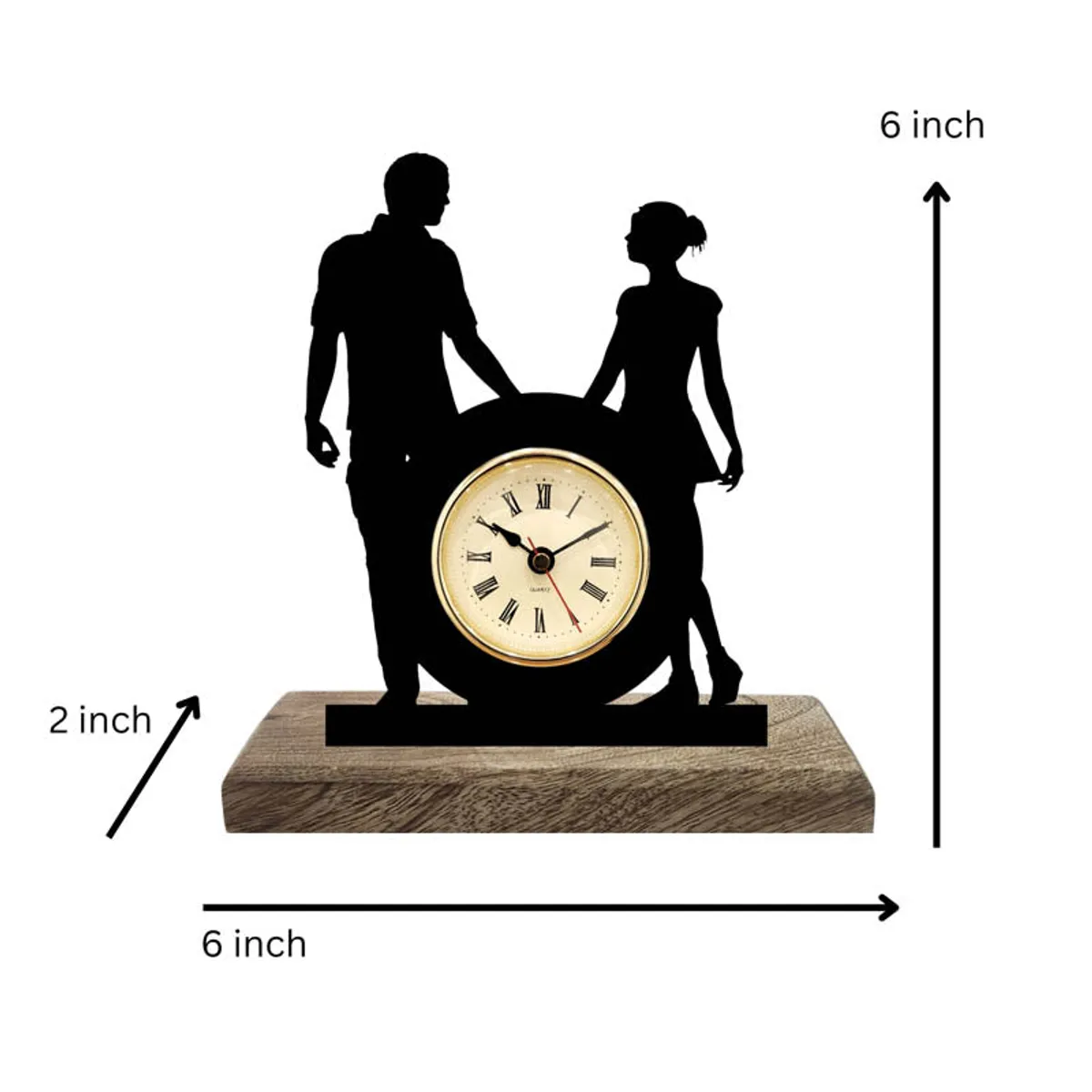 Couple silhouette table clock shown with measurement arrows