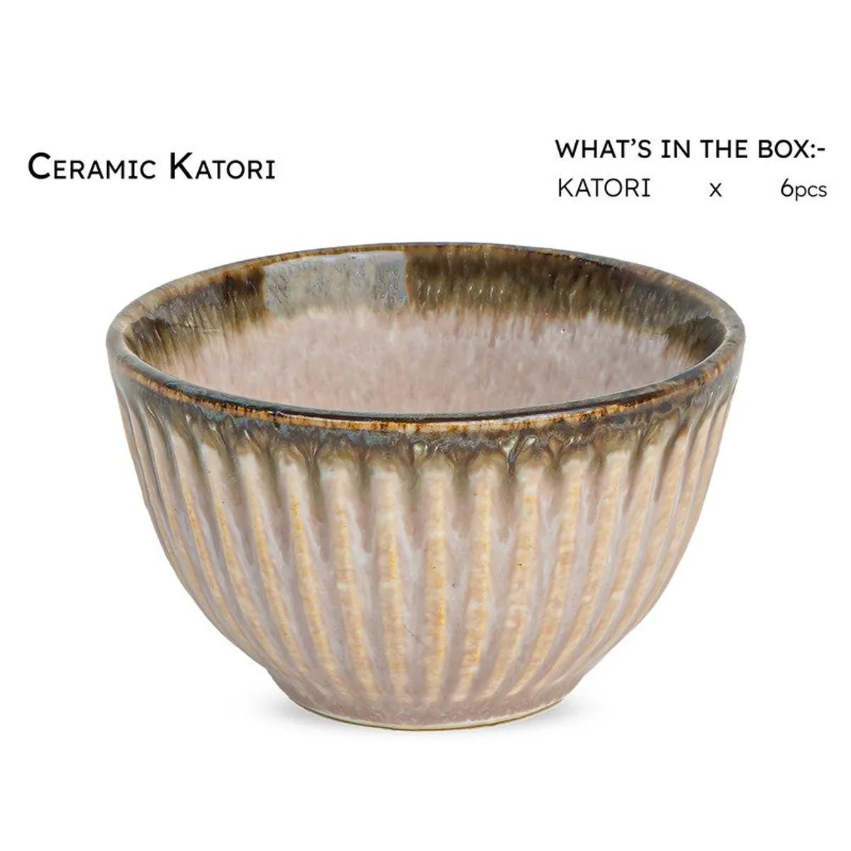 Close-up of a glossy ribbed ceramic bowl in soft pink and earthy tones.
