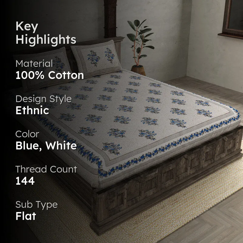 Ahana Floral Printed Cotton Bedsheet (Blue) - 144 TC media 2