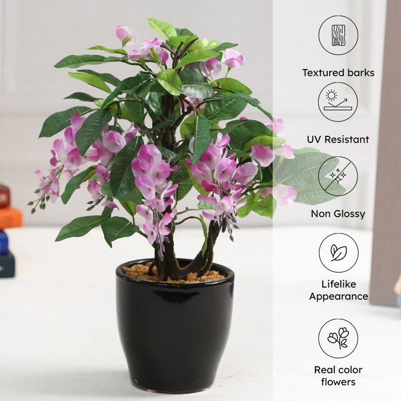 Faux Wisteria Artificial Bonsai Plant In Ceramic Pot (25 cms) - Purple media 4