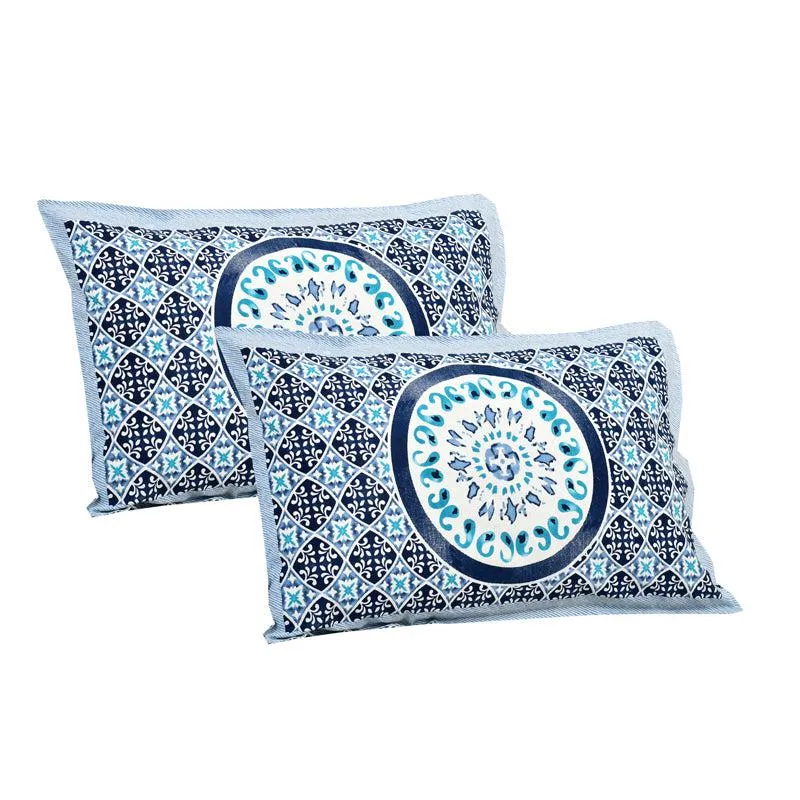 Mekhala Ethnic Cotton Flat Bedsheet (White & Blue) - 160 TC media 11