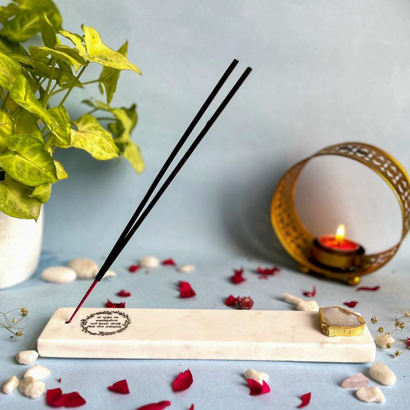 Gayathri Mantra Marble Incense Holder With Agate Plating - White