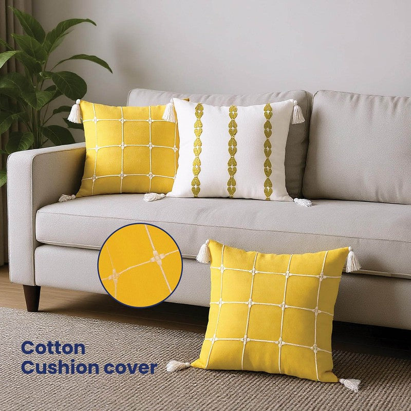 Urban Space Embroidered White,Yellow Cotton Cushion Cover Set -  Set of Three media 3