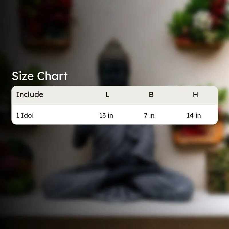 Buddha idol shown with a size chart overlay
