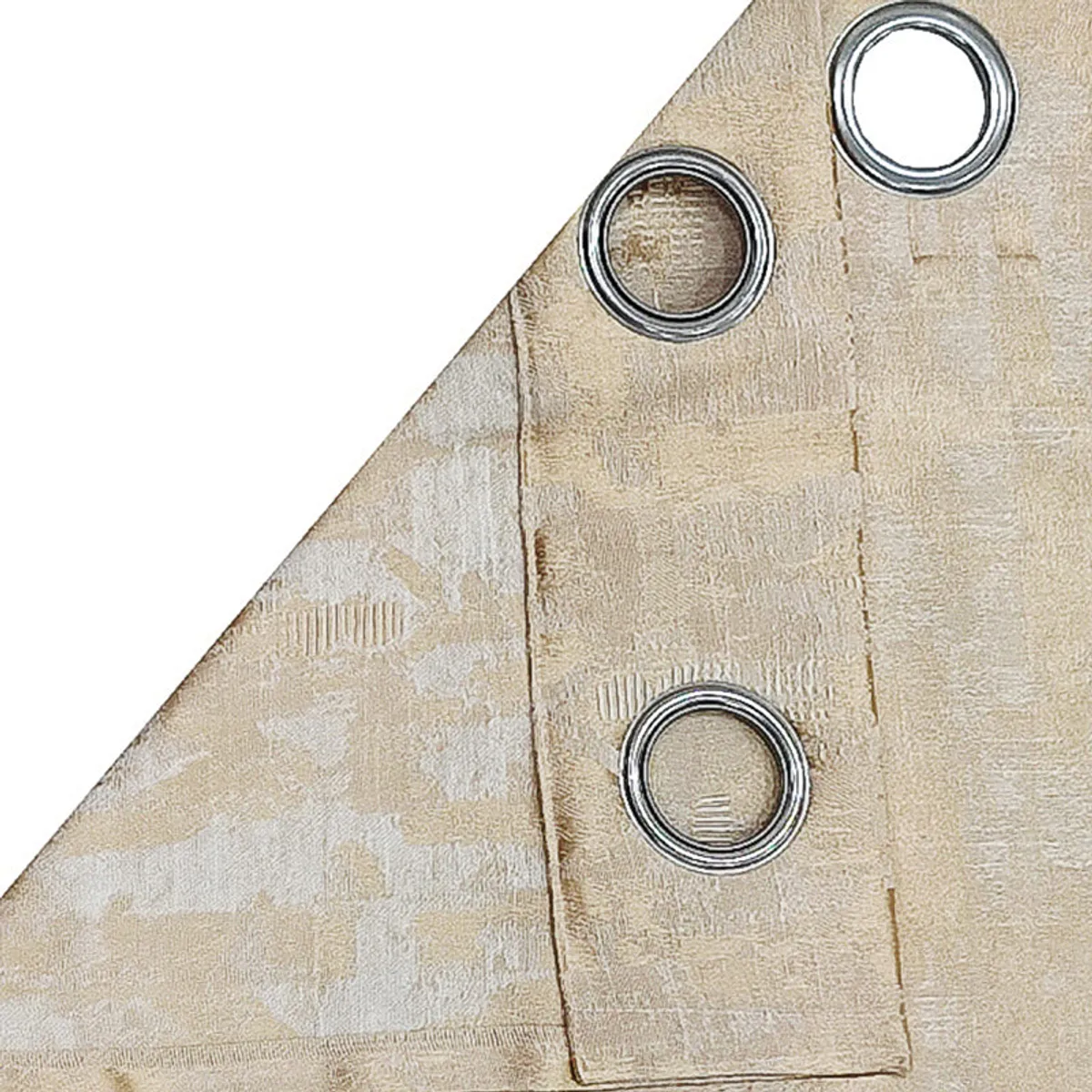 Close-up of silver eyelets along the top edge of the beige curtain