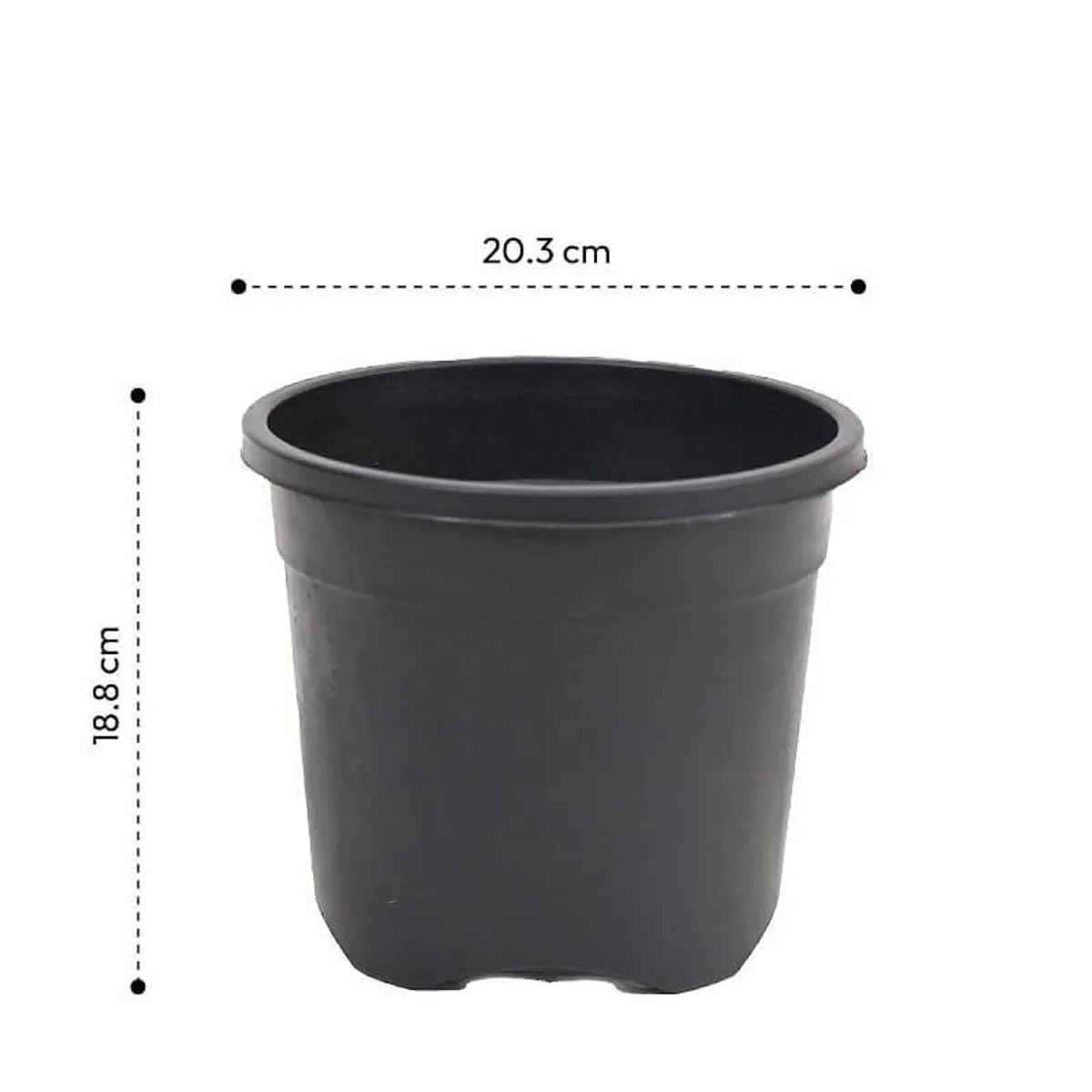 Black plant pot shown with visible width and height measurements