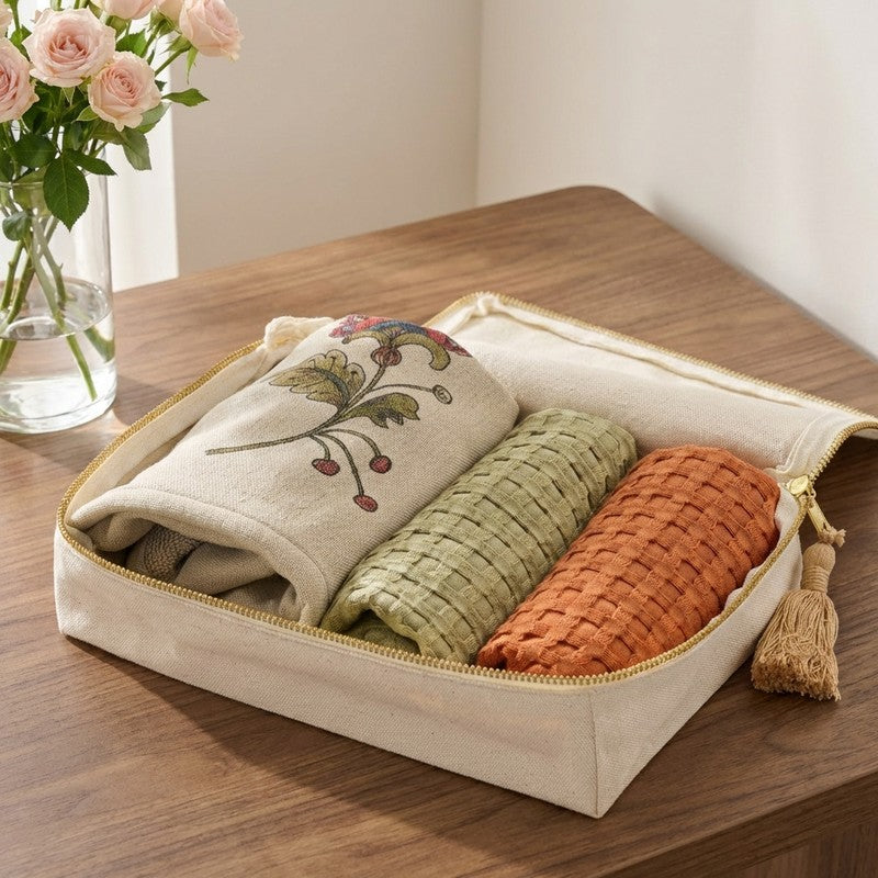 Plushara Bamboo Cotton Hand Towels with Canvas Box - Set Of Three