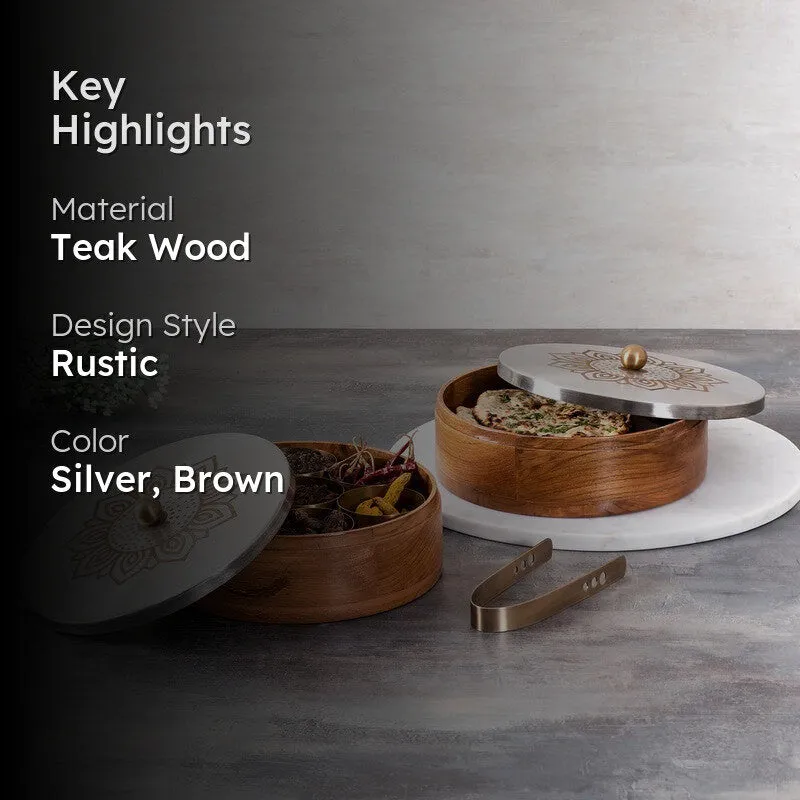 Grano Teak Wood Round Masala Box - Three Piece Set media 2