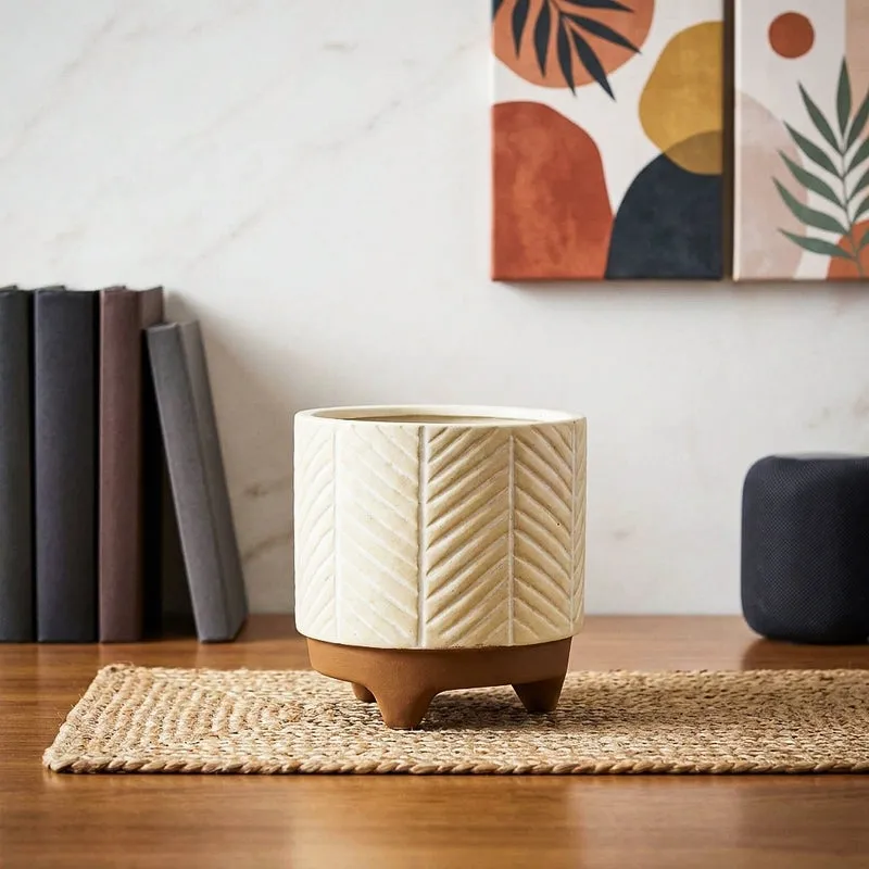 Stylish Beige Terracotta Planter Pot with Raised Pattern media 1
