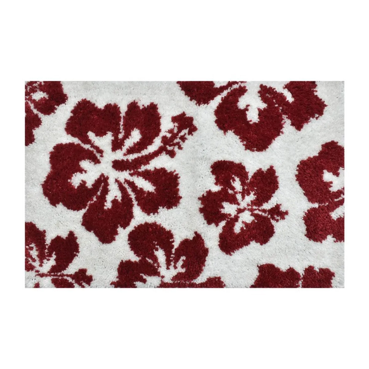 Close-up of the red floral pattern on the white micro fiber bath mat