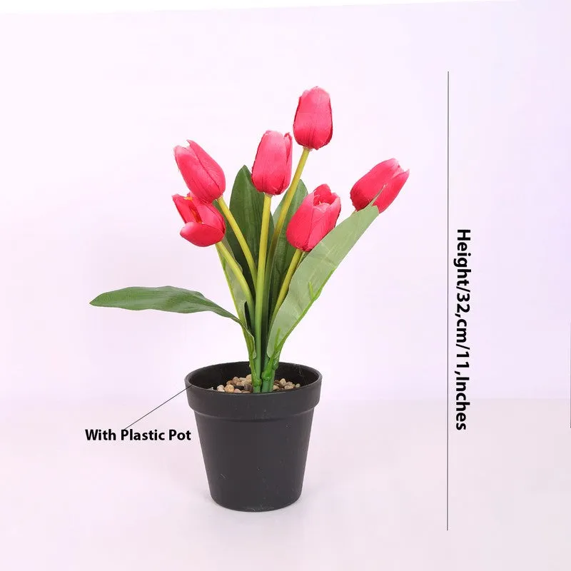 Artificial Tulip Flower Plant With Black Plastic Pot - Dark Pink media 1