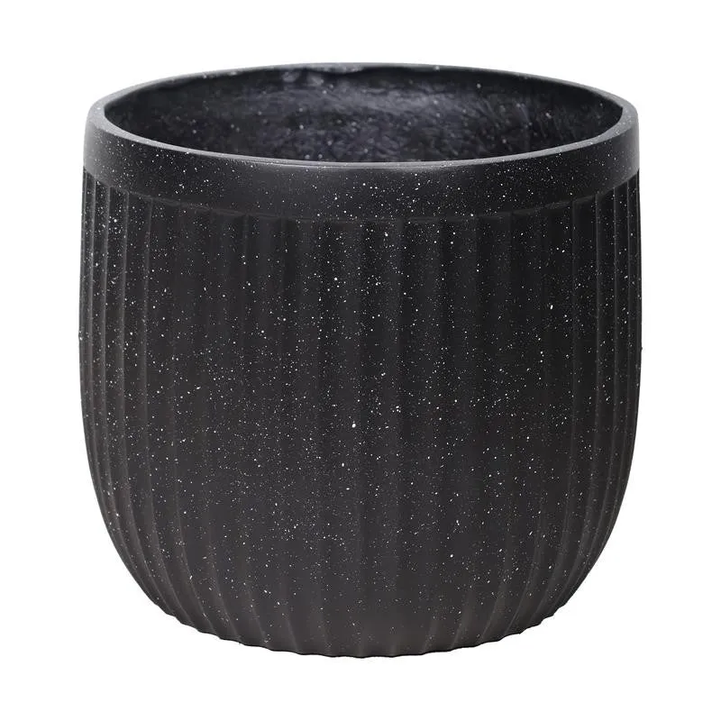 Close-up product view of a black speckled cylindrical ribbed planter