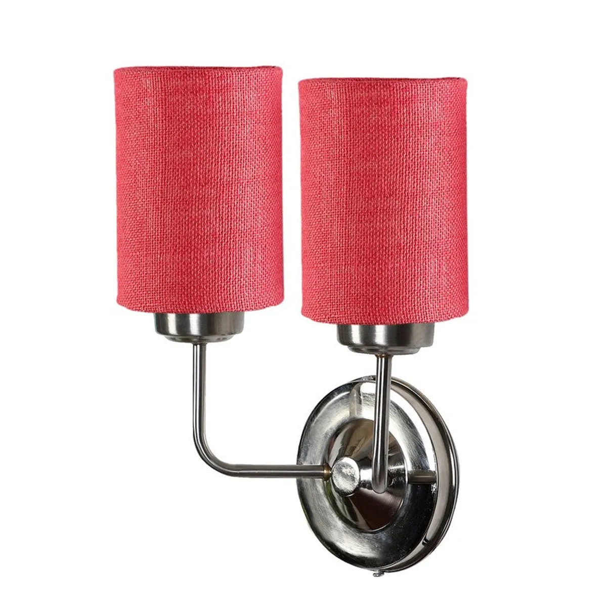 Side view of red double-shade wall lamp with steel base
