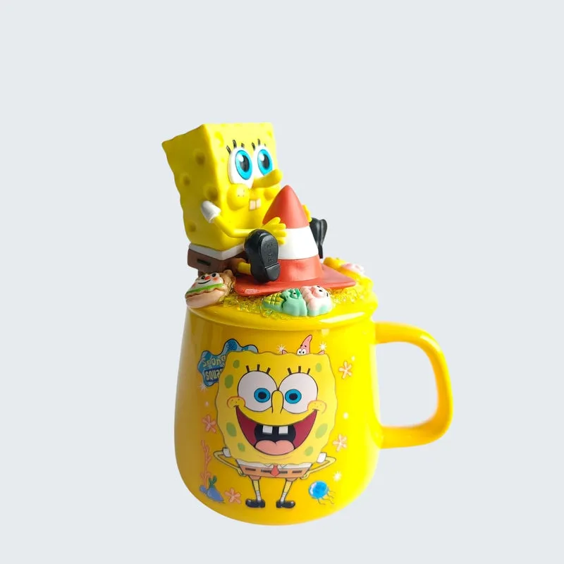 Angled view of yellow SpongeBob mug with sculpted lid