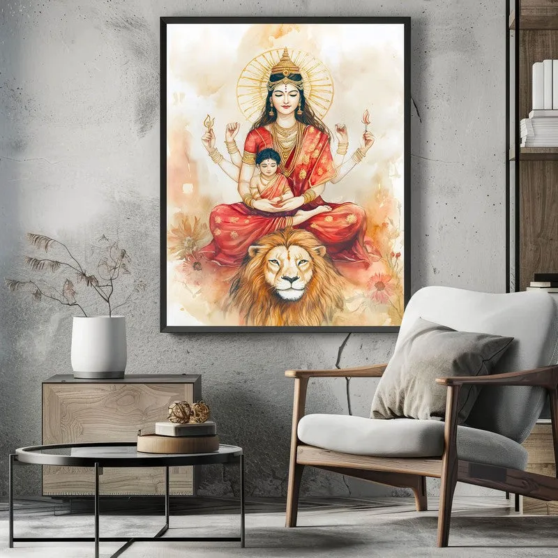 Simhavahini Durga Archival Paper Wall Painting With Black Frame media 3