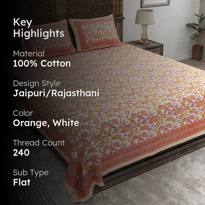 Styleza Cotton Bedsheet (Orange,White) - 240 TC media 2