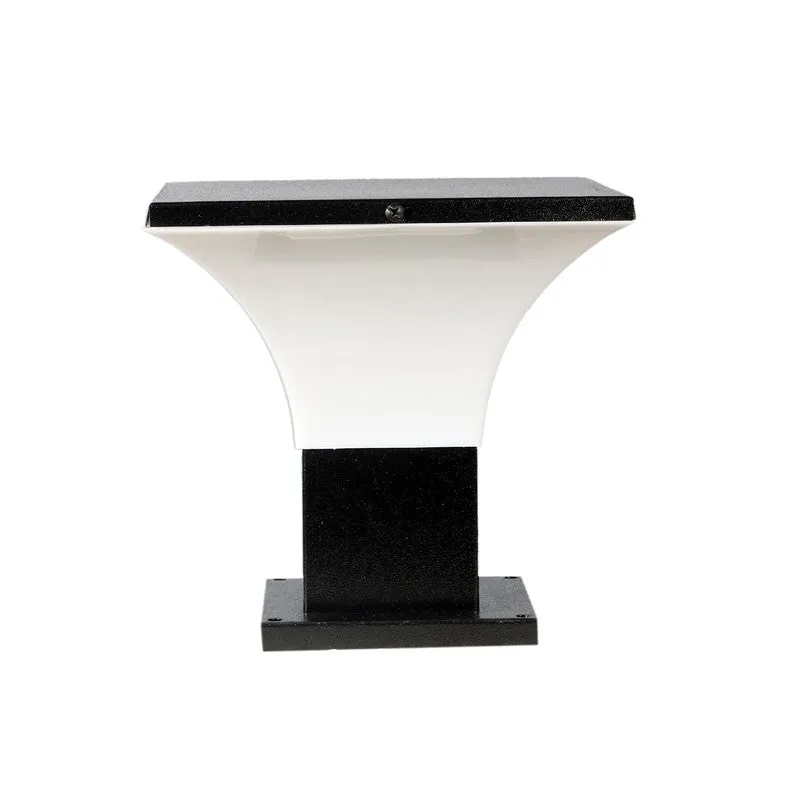 Front view of black and white outdoor lamp with flared shade on white background