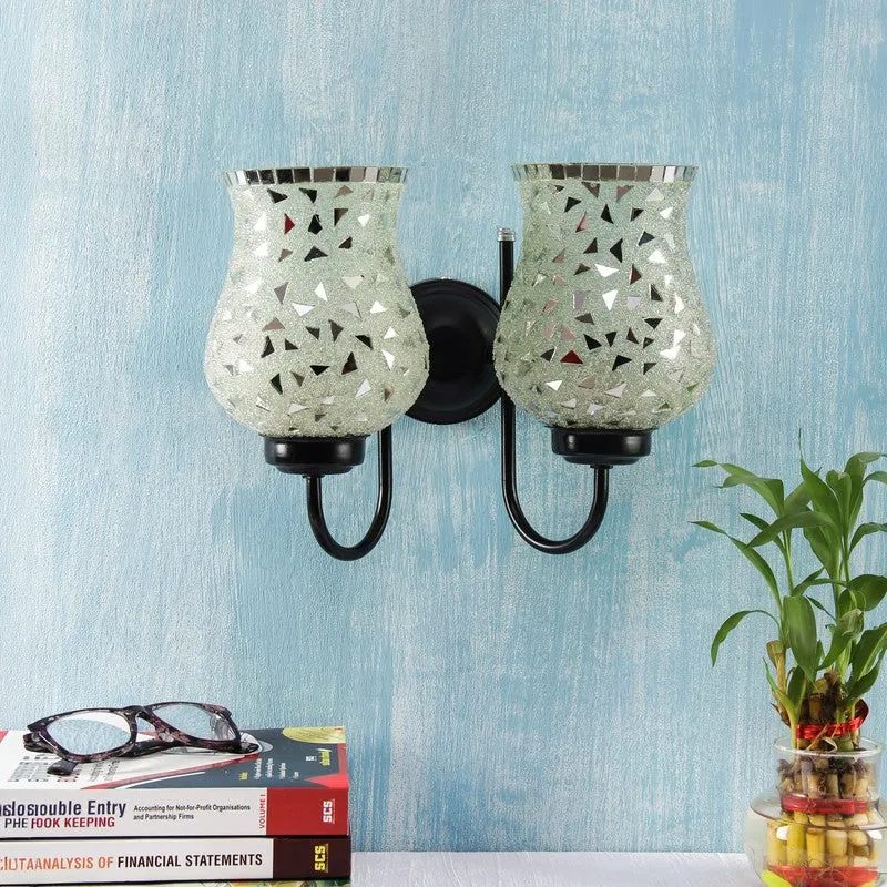 Unlit dual wall lamp with silver mosaic glass bell shades
