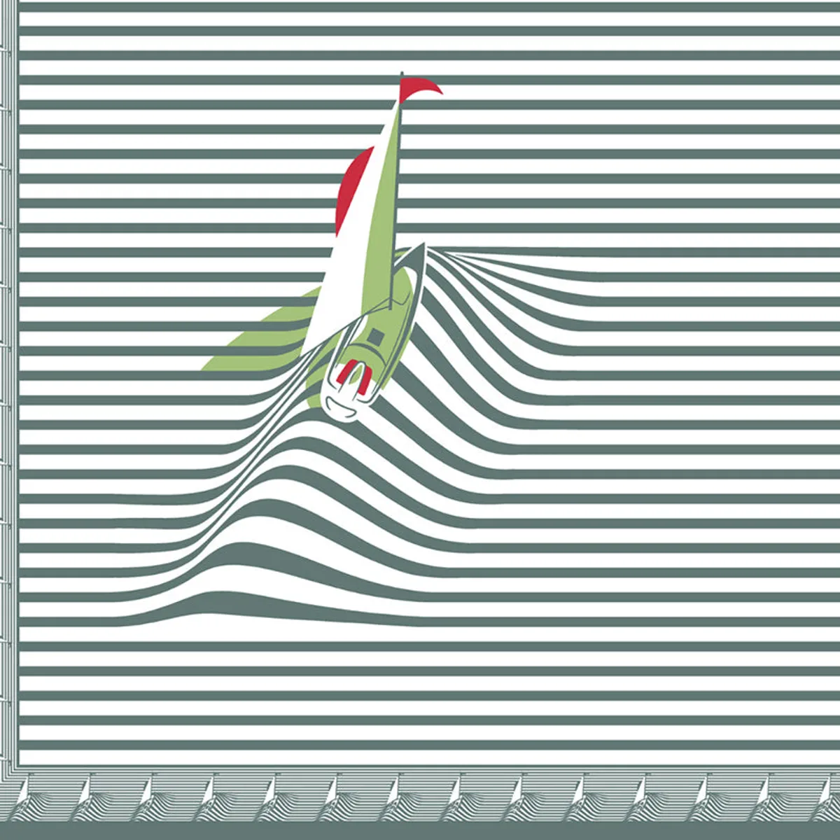 Close-up of grey and white stripes with a colourful sailboat motif.