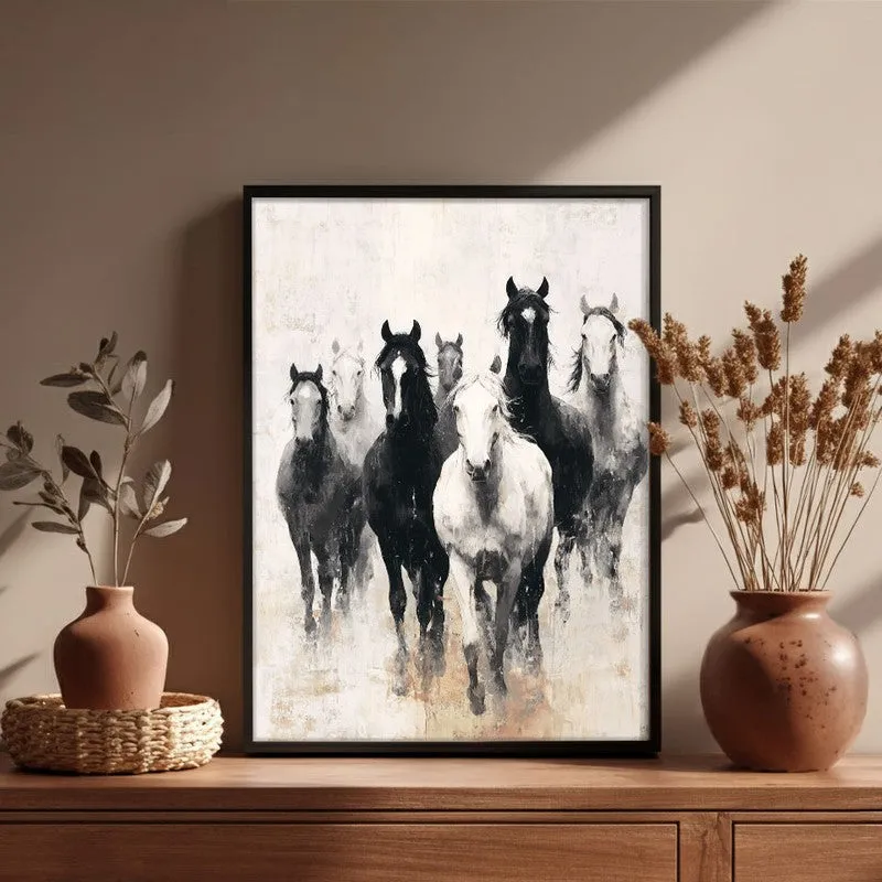 Charcoal Horse Stampede Wall Painting With Black Frame media 6