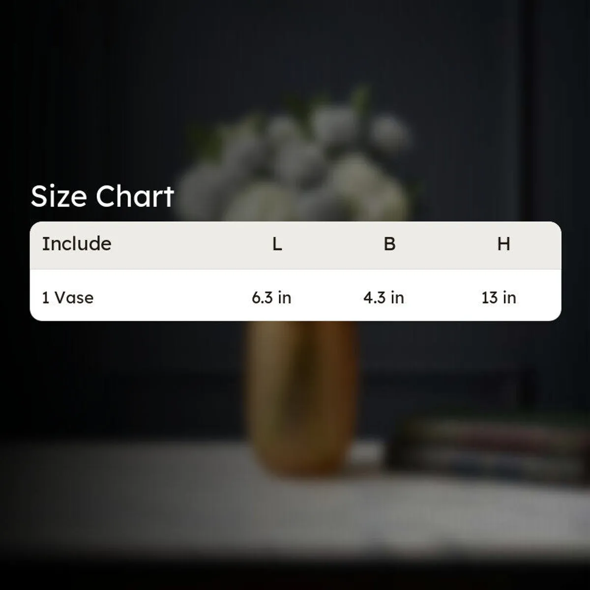 Blurred vase scene with a size chart overlay