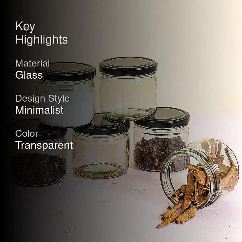 Transparent storage jars with dark lids displayed with key product highlights.