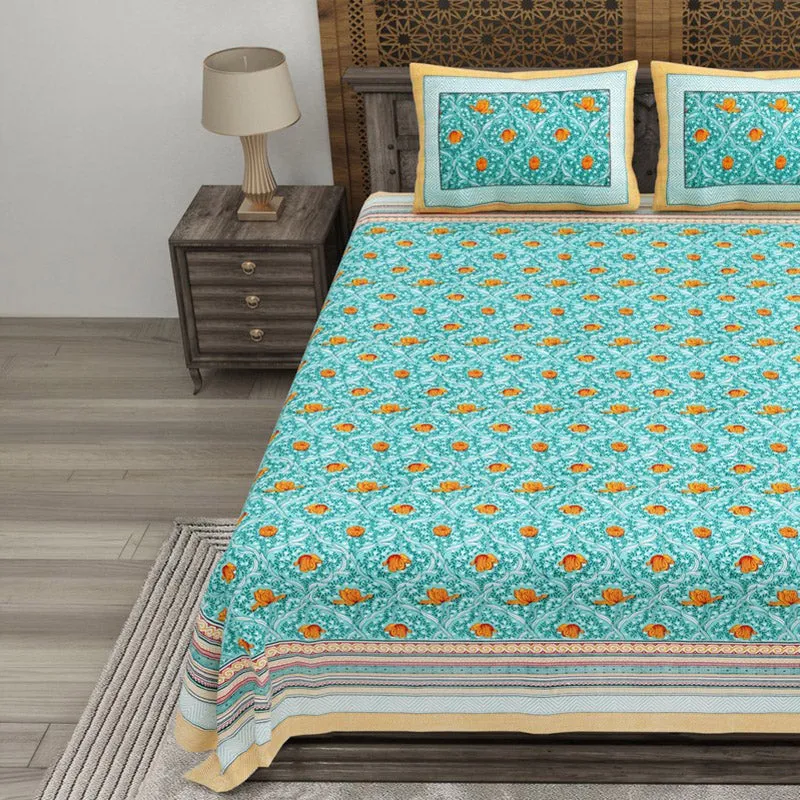Shapeix Cotton Bedsheet (Blue,Orange) - 240 TC media 3