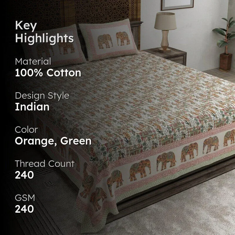 Heritageix Cotton Bedsheet (Orange,Green) - 240 TC media 2