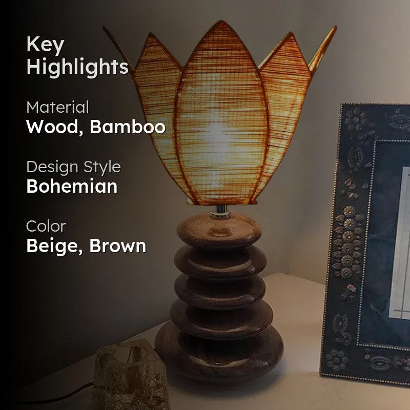 Solenis Bamboo Table Lamp With Wooden Base - Beige media 2