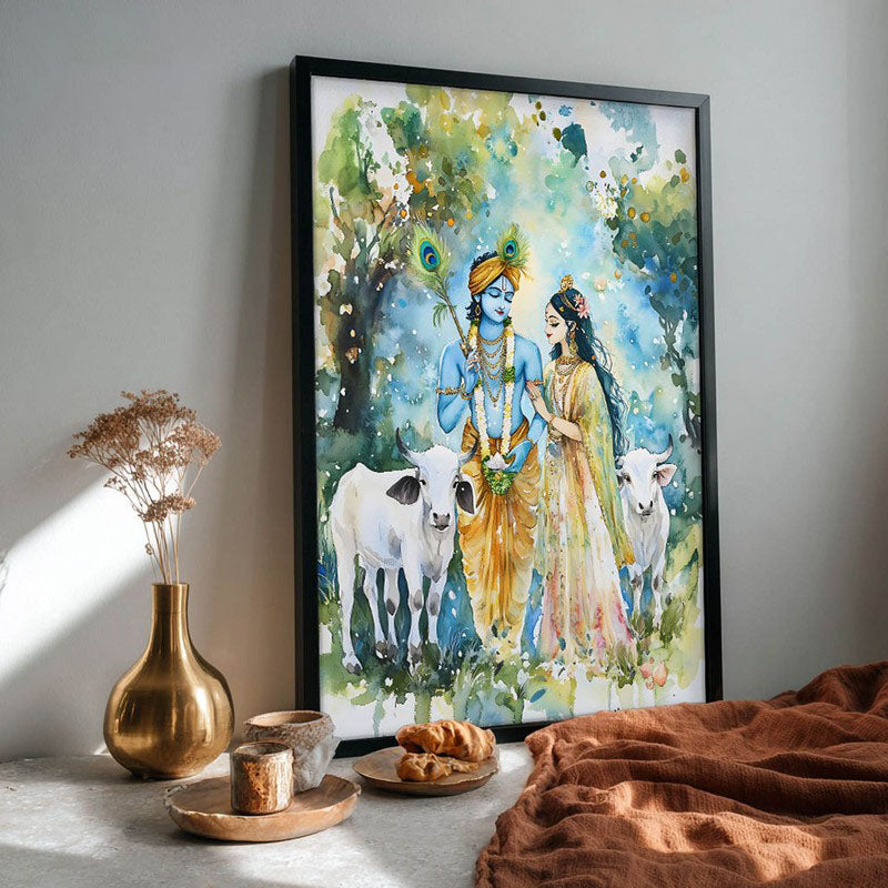 Sri Radha Krishna Spiritual Archival Paper Wall Painting With Frame - Black media 4