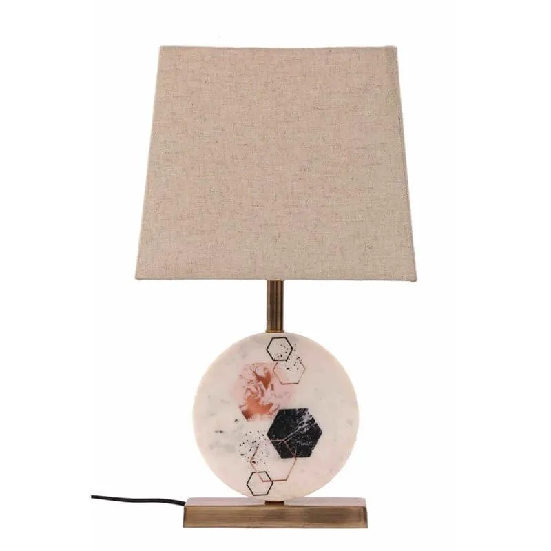 Hexa Marble & Brass Base Fabric Table Lamp - Beige,White media 3
