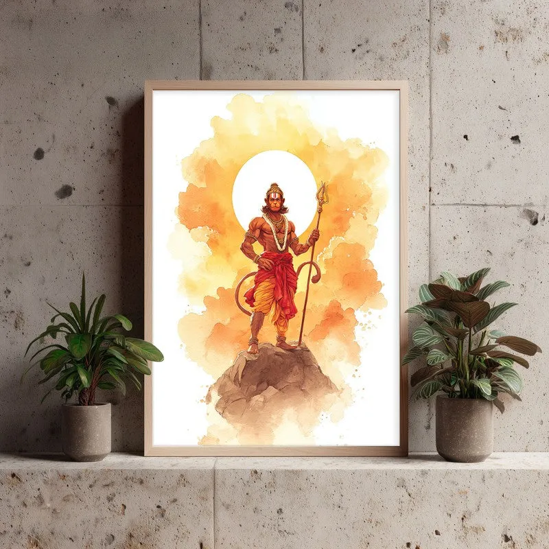 Sri Hanuman with Sun Aura II Archival Paper Wall Art - Natural Brown Frame media 3