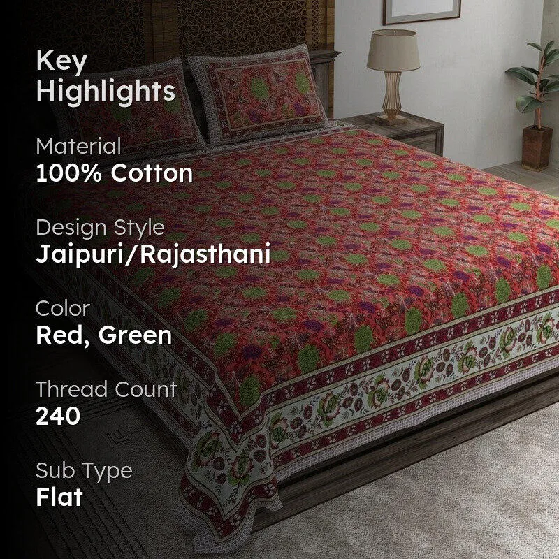 Florael Cotton Bedsheet (Red,Green) - 240 TC media 2