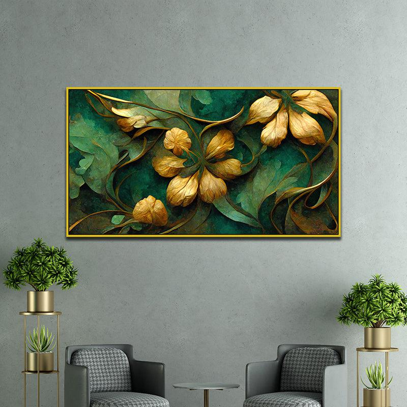 Verdure Golden Petals Floral Canvas Wall Painting With Frame - Gold