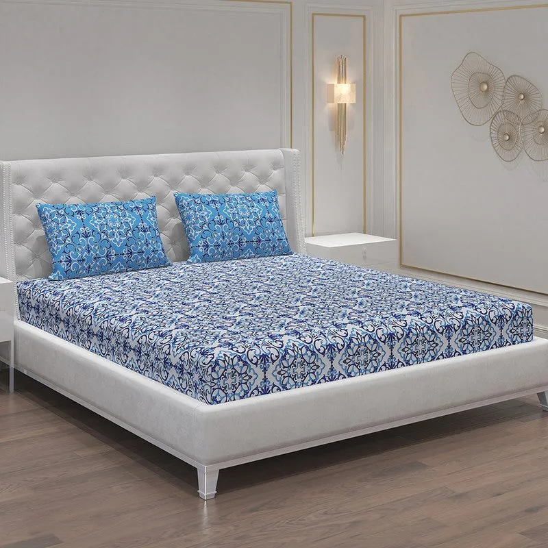 Monte Carlo Petal Aura Cotton Bedsheet (Blue,White) - 104 TC media 1