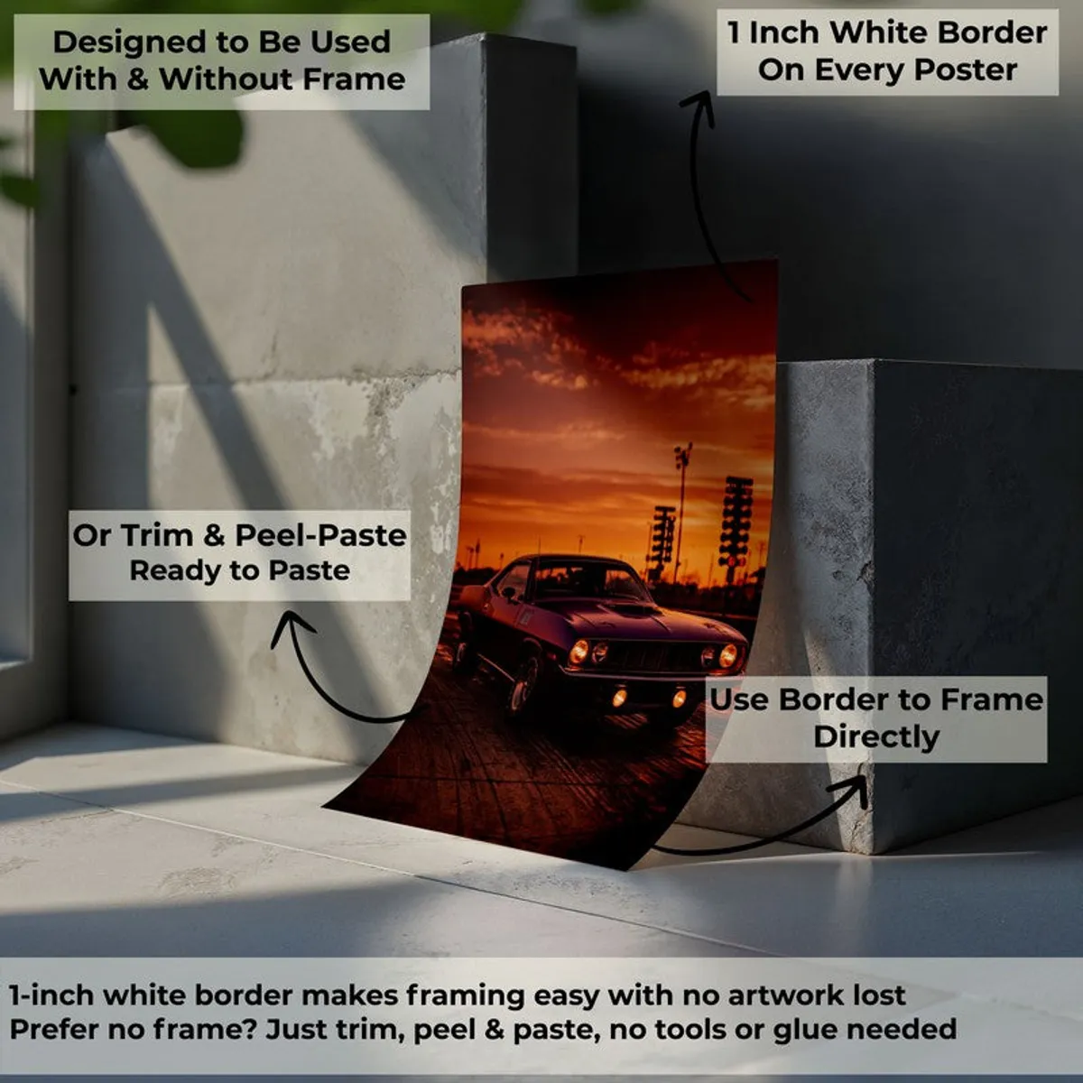 Single car poster shown curled against blocks with visible white border