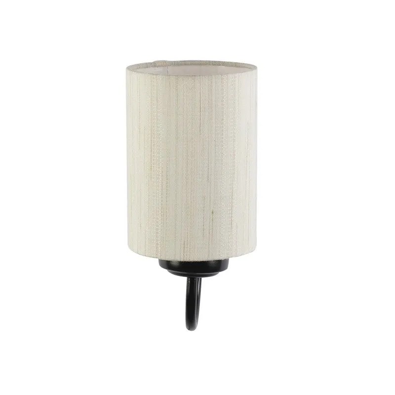 Studio view of beige cylindrical wall lamp with black iron base
