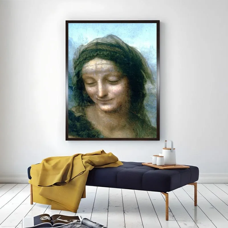 Framed portrait wall art displayed above a bench in a bright room