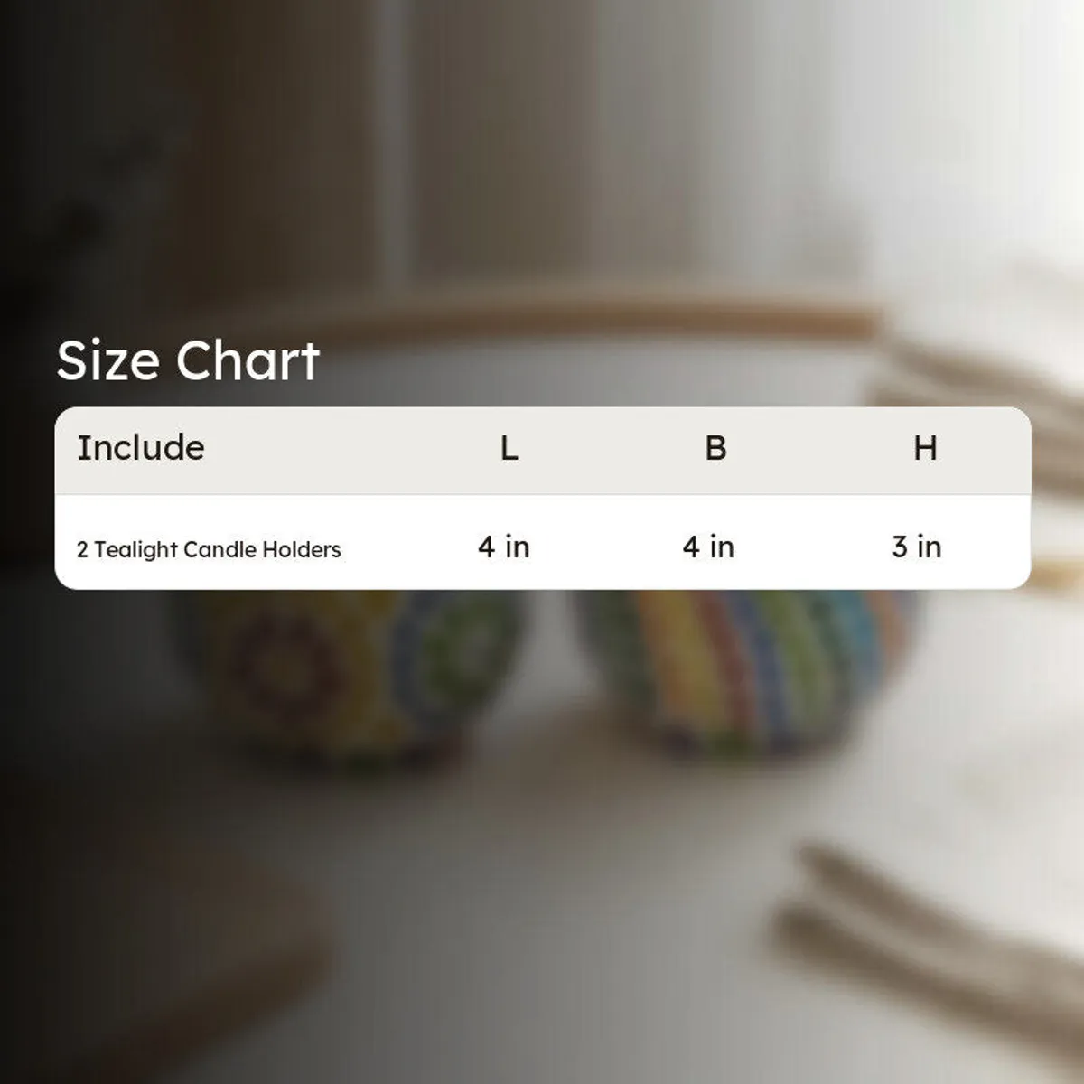 Blurred product backdrop with size chart graphic