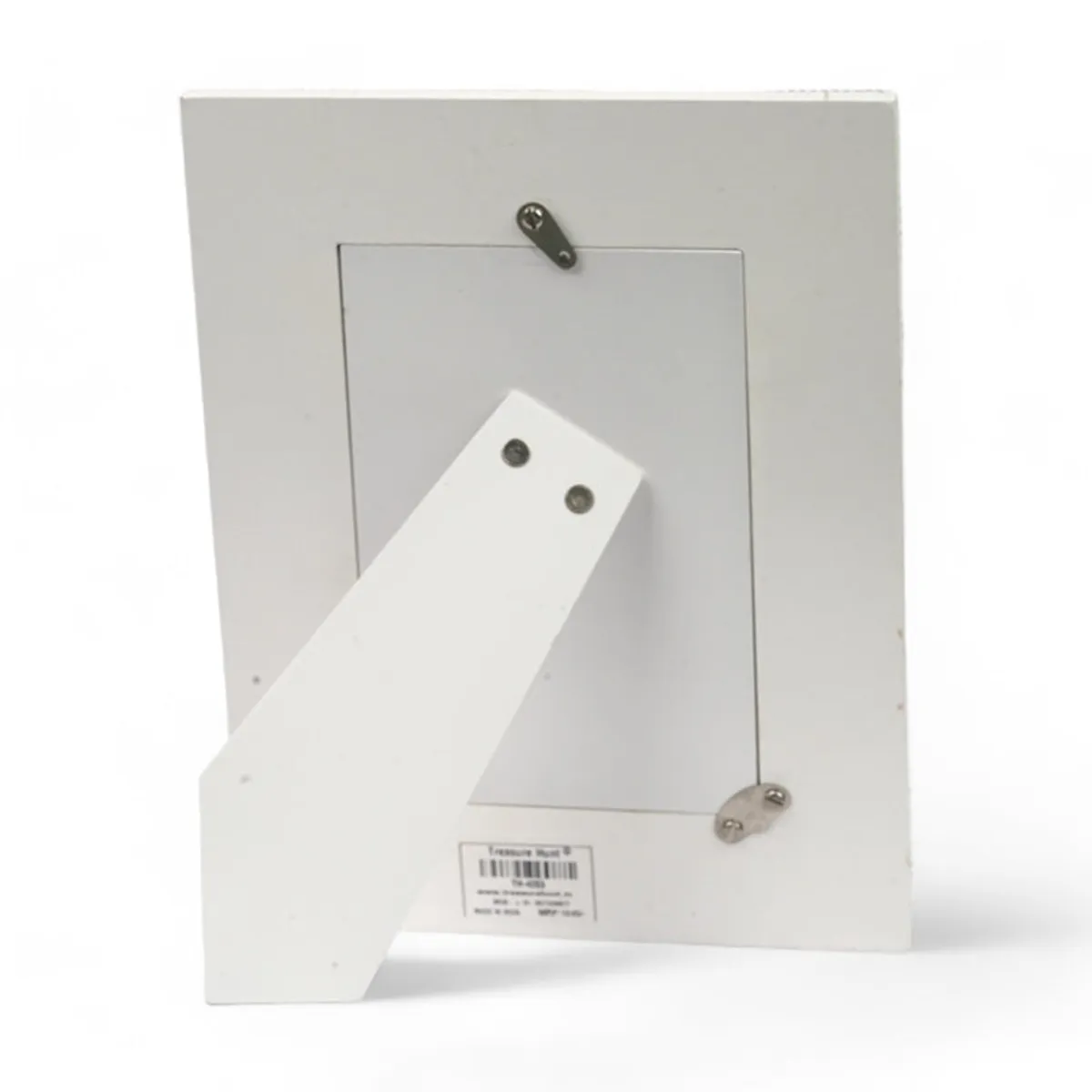 Back view of the white tabletop photo frame with its support stand visible.