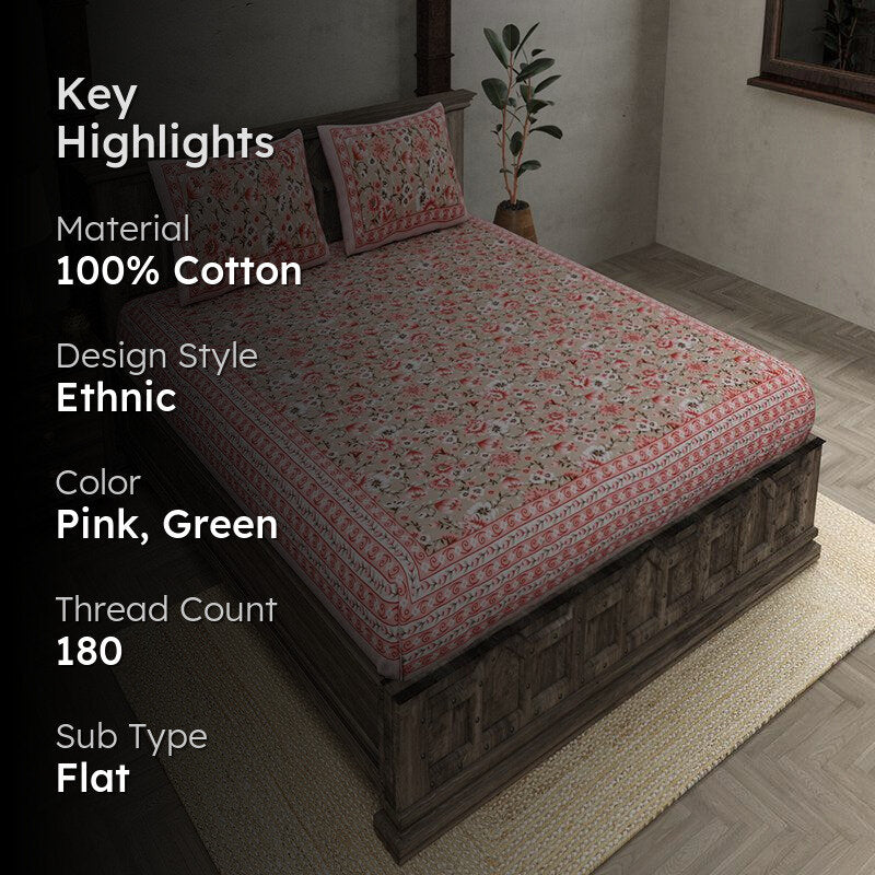 Sarva Floral Cotton Bedsheet (Pink,Green) - 180 TC media 2