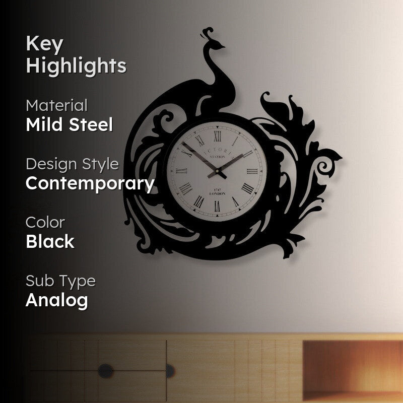 Peacock Steel Analog Wall Clock - Black media 2