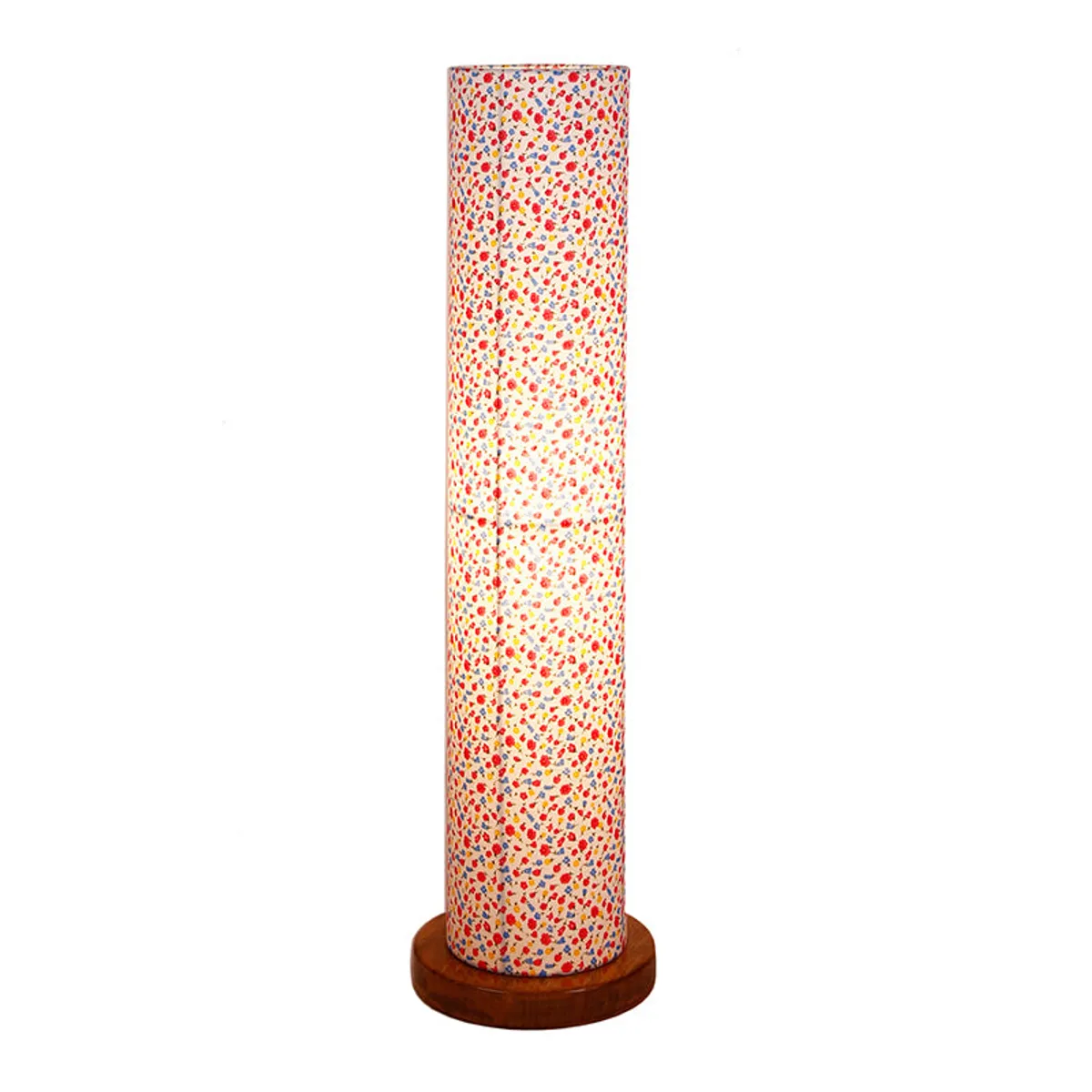 Front view of a tall multicolour printed tower floor lamp with wooden base